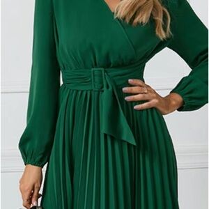Women Casual Dress V Neck Long Sleeve A Line Pleated Dress Tie Waist Solid Flowy